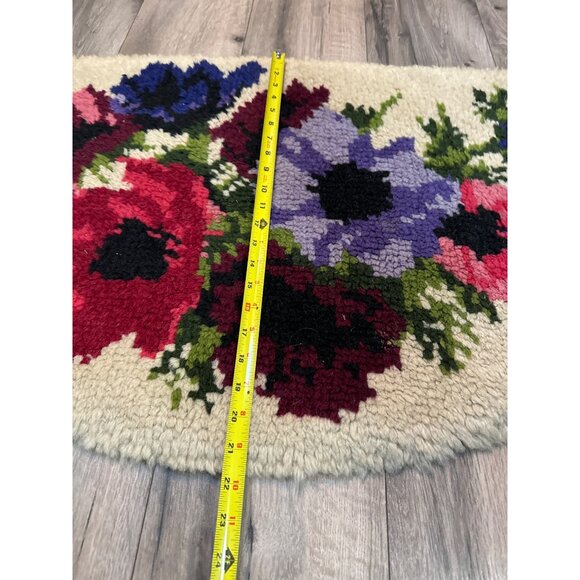 Vintage Floral Wool Half-Moon Rug With Bold Red Purple Anemone Design 28"x18" - Picture 2 of 4